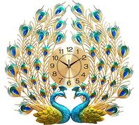 RajoNN Horloge murale moderne en fer, grande horloge murale 3D en forme de paon sans tic-tac, horloge silencieuse pour salon, chambre à coucher, espace de bureau
