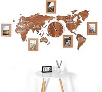 RajoNN Horloges murales pour salon, carte du monde en bois 3D avec cadre photo, horloges murales, carte du monde pour salon, bureau et chambre à coucher, décoration murale noire