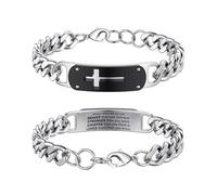 Rajputana Bracelet en forme de croix pour homme - Chaîne cubaine en acier inoxydable argenté avec verset de la Bible - Réglable de 17,8 à 21,6 cm - Bijoux cadeaux pour hommes et garçons, 8.5 inches
