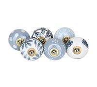RAJRANG Boutons de porte vintage pour armoires - ensemble de 6 pièces, couleur gris clair et blanc, boutons en céramique imprimés à la main pour tiroirs