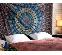 RAJRANG BRINGING RAJASTHAN TO YOU Mandala Bleu Bohème Tapisserie 228x213 cm Coton Tenture Couvre-lit Hippie Paon Tapisseries Murales