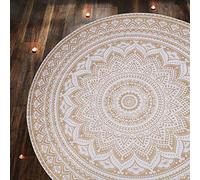 RAJRANG BRINGING RAJASTHAN TO YOU Tapisserie Dorée - Nappe Roundie Ombre Mandala Ronde Grosse Boho Chic Coton Jetée pour Pique-Nique et Camping Blanc et Or - 183 Cm