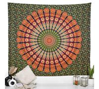 RAJRANG BRINGING RAJASTHAN TO YOU Tapisserie murale paon mandala 228,6 x 274,3 cm vert doré pour chambre à coucher et salon Tapisseries en coton