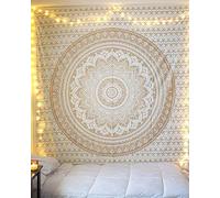 RAJRANG Grande Tapisserie de Mandala - Tapisseries de pur Coton, décoration Murale, décoration hippie Boho dorée Hippie, suspendue pour la décoration du salon, blanc et or, 228 x 274 cm
