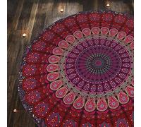 RAJRANG Grande Tapisserie Ronde - Nappe Ronde Mandala Psychédélique Boho Chic Coton Jetée pour Pique-Nique et Camping - Rose et Violet - 182 cm
