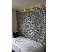 RAJRANG Tapisserie Mandala Noir Blanc 213 x 137 cm Coton Boho Bohême Tenture Murale pour Salon Décor