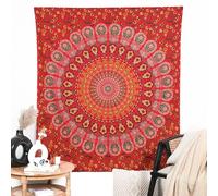 RAJRANG Tapisserie murale mandala en coton rouge doré pour chambre à coucher, salon 137 x 213 cm