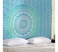 RAJRANG Tapisserie murale mandala vert d'eau pour décoration de chambre à coucher et de salon, tapisserie murale bohème en coton 213 x 137 cm