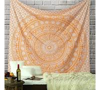 RAJRANG Tapisserie Tenture murale Mandala indien - Tapisserie Bohème imprimée 100% coton pour Art Mural, Couvre-lit, Couverture pique-nique et Déco maison - Orange chamois - 228 x 213 cm.