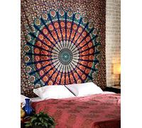 RAJRANG Tapisserie Tenture Murale Paon Coton 127x152 cm Bleu Doré