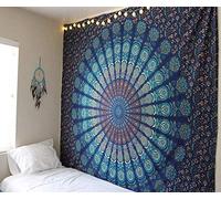 RAJRANG Tapisserie Turquoise Indienne 213x137cm Paon Mandala Chambre Bohème Hippie Literie Coton Tenture Murale Tissu Décoratif Suspendu Feuille Couvre-lit