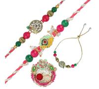 Rakhi For Brother Lot de 3 bracelets Rakhi pour Bhai Bhaiya Veera avec carte Rakhi et support Tilak Fleur de coprah Kumkum Plateau pour festival traditionnel indien