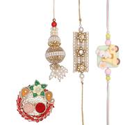 Rakhi for Brother Lot de 3 bracelets Rakhi pour Bhai Bhaiya Veera Rakhi Dora pour coffret cadeau avec support Tilak Motif fleur de coprah Plateau Kumkum pour festival traditionnel indien, 3.5 Inches