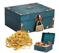 RAKUTE Coffre au trésor en bois vintage pour enfants avec serrure - 18 x 11,5 x 10,5 cm - Coffre en bois de pirate pour le rangement et la décoration de cadeaux