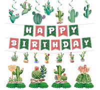 Rakuto Décorations de fête d'anniversaire en forme de cactus, 14 bannières « Happy Birthday » avec tourbillons à suspendre, décoration de table sur le thème du taco, décoration de table mexicaine