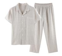 RAKUYUME Ensemble Pyjama Femme Été en Lin 100% Uni - Chemise V-Cœur Manches Courtes & Pantalon Long Intemporel - 2 Pièces Confort Optimal