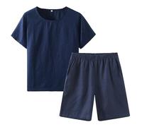 RAKUYUME Ensemble Pyjama Homme Été en Lin 100% Uni - T-Shirt Col Rond & Short Léger avec Poches - Confort Optimal Deux Pièces pour Nuits Fraîches
