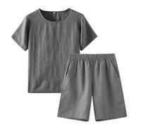 RAKUYUME Ensemble Pyjama Homme Été en Lin 100% Uni - T-Shirt Col Rond & Short Léger avec Poches - Confort Optimal Deux Pièces pour Nuits Fraîches