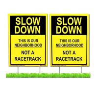 Ralentissez, c'est notre quartier, pas un hippodrome, panneau de jardin (lot de 2), jaune double face + support en m tal