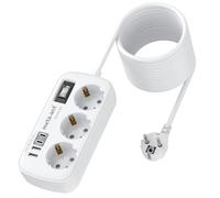 Rallonge de 5 m avec USB 3,4 A 17 W, 3 prises avec parasurtenseur 4000 W, prise avec 4 ports USB (2 USB-C), montage mural pour la maison, le bureau, blanc