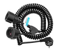 Rallonge électrique en spirale 1 à 2 contacts de protection - Câble en spirale extensible - 5 m Max - Rallonge IP20 avec prises 2 prises - Double prise Schuko - 3 x 1,0 mm² (230 V/16 A) - Noir
