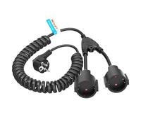 Rallonge électrique spiralée 3 mètres avec prises 2 voies, double fiche Schuko 1 vers 2, contact de protection extensible(5m black)