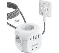 Rallonge Multiprise 4 Sortie AC avec 3 USB et 1 Type C, Prise Multiple 2500W avec Interrupteur et Rallonge Electrique 2 Mètres, Convient pour Maison, Bureau, Fiche Plate, Tressé Câble, Blanc