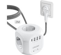 Rallonge Multiprise 4 Sortie AC avec 3 USB et 1 Type C, Prise Multiple 2500W avec Interrupteur et Rallonge Electrique 2 Mètres, Convient pour Maison, Bureau, Fiche Plate, Tressé Câble, Blanc