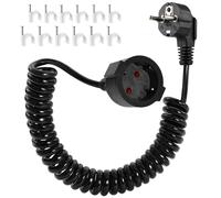 Rallonge spiralée avec contact de protection - 2 m - Extensible de 0,75 m à 2 m - 3680 W - Avec fiche Schuko et raccord - Noir