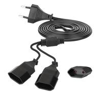 Rallonges d'alimentation, 2m 2 en 1 Câble d'extension de Prise d'extension EU, 0,75 mm² Max. 2.5A/250V Fiche Euro vers Prise Euro pour Ordinateur, TV, PC, Noir (Noir)