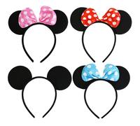 Ram® Lot de 4 serre-têtes de souris noirs avec nœud rouge rose et oreilles de souris blanches à pois blancs