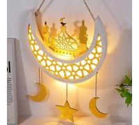 Ramadan Lumières LED décoratives en forme de lune - Décoration Ramadan - Pendentif LED en bois - Pendentif LED - Demi-lune Aïd Mubarak - Décoration Ramadan - Lanterne lune et étoiles - Pendentif