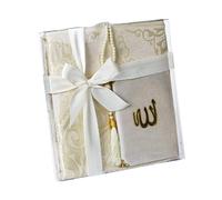 Ramadan24 Coffret cadeau tapis de prière coran et perles de prière islamique - Cadeau sacré pour musulmans Tasbih Sajjad Koran, Beige, 110 x 70 cm