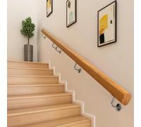 Rambardes d'escalier en Bois de 1 à 6 m, kit de rampes murales avec Supports en Acier Inoxydable, Barre d'appui antidérapante et Repose-Pieds (Longueur : 200 cm)