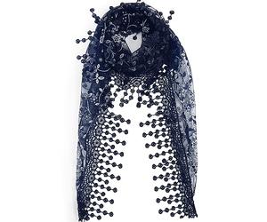 Ramede Écharpe en dentelle douce à motif de feuille - Écharpe tendance - Écharpe triangulaire florale à franges pour femme - Écharpe d'été en dentelle, bleu marine, taille unique