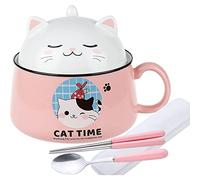 Ramen Bol avec couvercle, bol à salade de chat mignon, bols à céréales et anses, bol en céramique 1020 ml - Bol à pâtes instantané - Bol à soupe, bols à pâtes, bols à dessert, nouilles