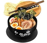 Ramen Ensemble de bols en céramique (1000 ml) avec couvercle en bambou et soucoupe - Ensemble de vaisselle japonaise noir avec baguettes et cuillère à soupe - Grand bol à céréales, saladier, Pho