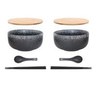 Ramen Lot de 2 bols en céramique (8 pièces) avec cuillère, baguettes, grand bol à soupe de 1100 ml, saladiers pour soupe, pho et sushi (étoile noire, 2 lots)
