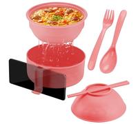 Ramen Noodles Bowl avec couvercle pour égouttoir, ensemble de bol à soupe au micro-ondes, poignée Cool-Touch et support pour téléphone, fibre de blé sans BPA, ustensiles inclus pour Dorm Room (6, rose