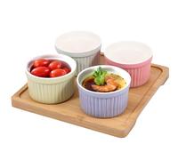 Ramequin Four Lot de 4 ou 8 ramequins en céramique avec plateau en bambou de 113 g, petits bols de cuisson allant au four, tasses de cuisson empilables for crème brûlée, multi-usages(4 Pcs)