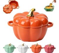 Ramequins en forme de citrouille qui passent au four, avec couvercles, passent au four, bol en céramique avec poignée, bols à soupe à la citrouille pour Thanksgiving, Halloween, fête (orange)