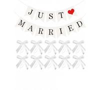 RAMGLYO Kit Décoration Voiture Mariage, 1 Soupente Just Married & 10 Nœuds Gaze Blancs, Colle Invisible Sans Marque, Résistant au Vent, Installation Sécurisée pour Route Nuptiale