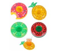 RAMGLYO Porte Gobelet Gonflable Flottant Piscine - 4pc Pastèque Citron Ananas Donut | Support Boisson en Plastique Idéal Fête Piscine, Plage & Baignade - Garde Vos Verres à Portée de Main et au Sec.
