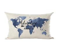Ramirar Housse de coussin rectangulaire en coton et lin Motif carte du monde Bleu 30 x 50 cm