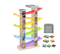 Rampe de Course en Bois pour Voiture - Système de Jeu de stationnement, Ensemble de Jouets d'apprentissage avec Utilisation en intérieur, Conception de Piste à Plusieurs Niveaux, Voitures à roulement
