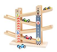 Rampe de Course en Bois, Toboggan à Voiture en Bois Zig Zag avec 4 Voitures, Circuit Voiture Enfant, Cadeaux d'anniversaire Jouet Éducatif pour Enfants 3 4 5 Ans