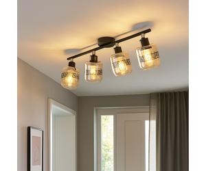 Rampe de spots à 4 flammes Plafonnier rétro verre ambre Plafonnier noir orientable, métal, 4x douille E27, LxlxH 70,5x11x25 cm
