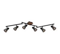 Rampe de spots en bois 6 spots Plafonnier 6 flammes verre fumé Spot orientable, métal noir, 6x E14 douilles, L 117 cm