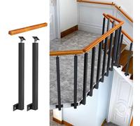 Rampe d'escalier d'extérieur transitoire pour 1 à 3 marches réglable en hauteur avec poteau en fer forgé et barre d'appui de sécurité, rampe latérale en bois (88,9 cm, 90 cm)