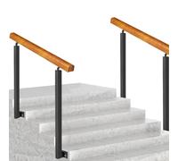 Rampe d'escalier en bois massif de 2 à 4 marches, tige de support pour marches intérieures et extérieures, poteaux en fer forgé galvanisé noir à montage latéral (x2), barre d'appui antidérapante ( Cou